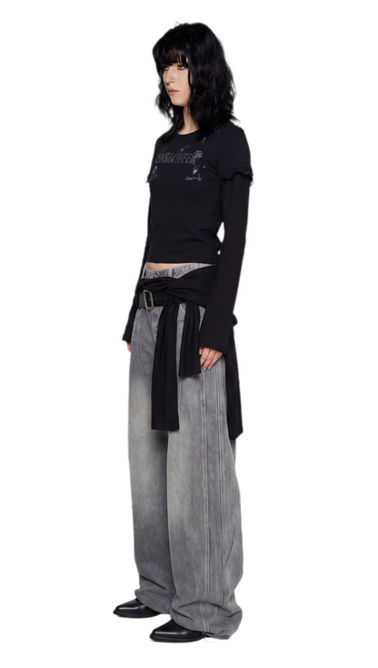 Ribbed Lace Trim Layered T-Shirt