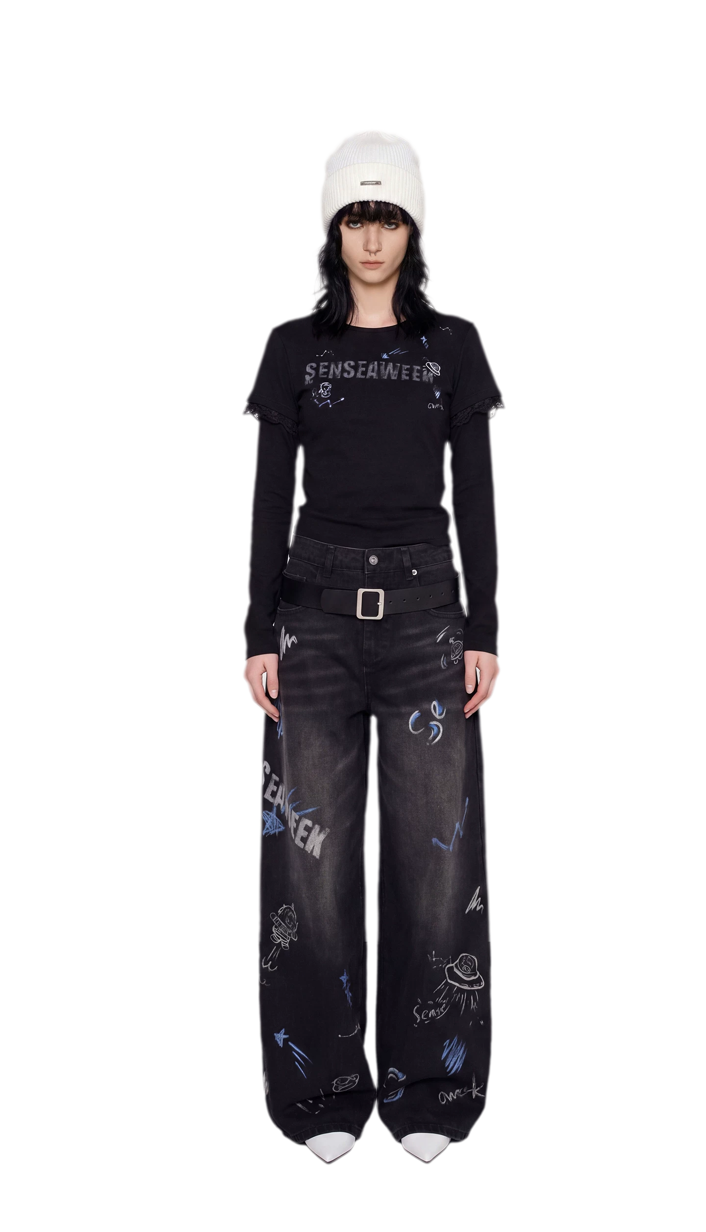 Washed Graffiti Wide-Leg Jeans