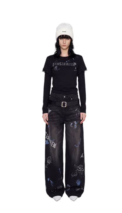 Washed Graffiti Wide-Leg Jeans
