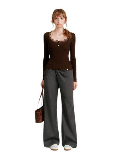 Misty Gray Bow Wide-Leg Pants