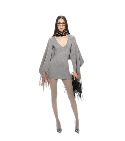 Deep V Fringe Knit Dress