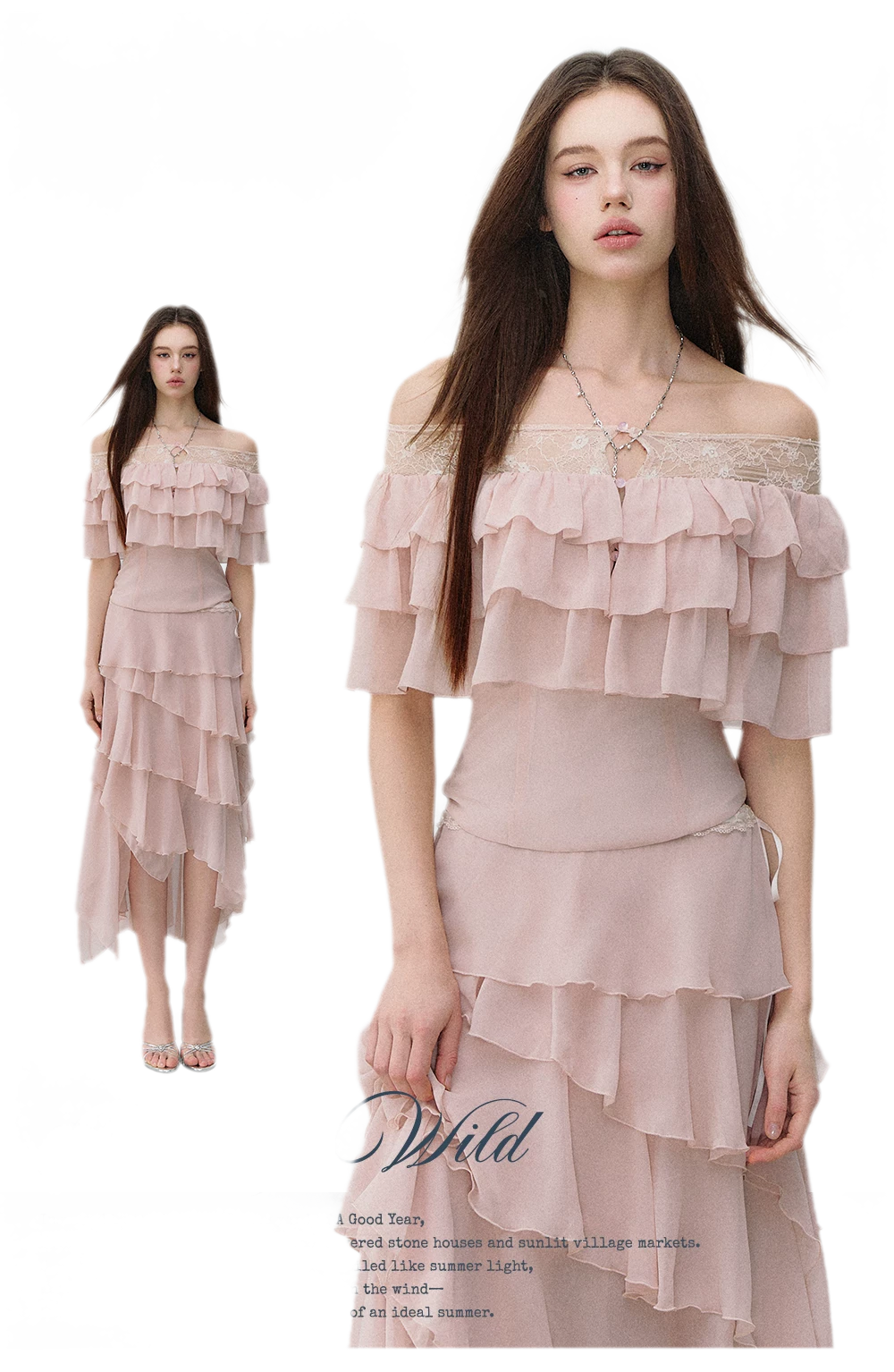 Layered Chiffon Lace Off-Shoulder T-Shirt