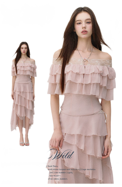 Layered Chiffon Lace Off-Shoulder T-Shirt