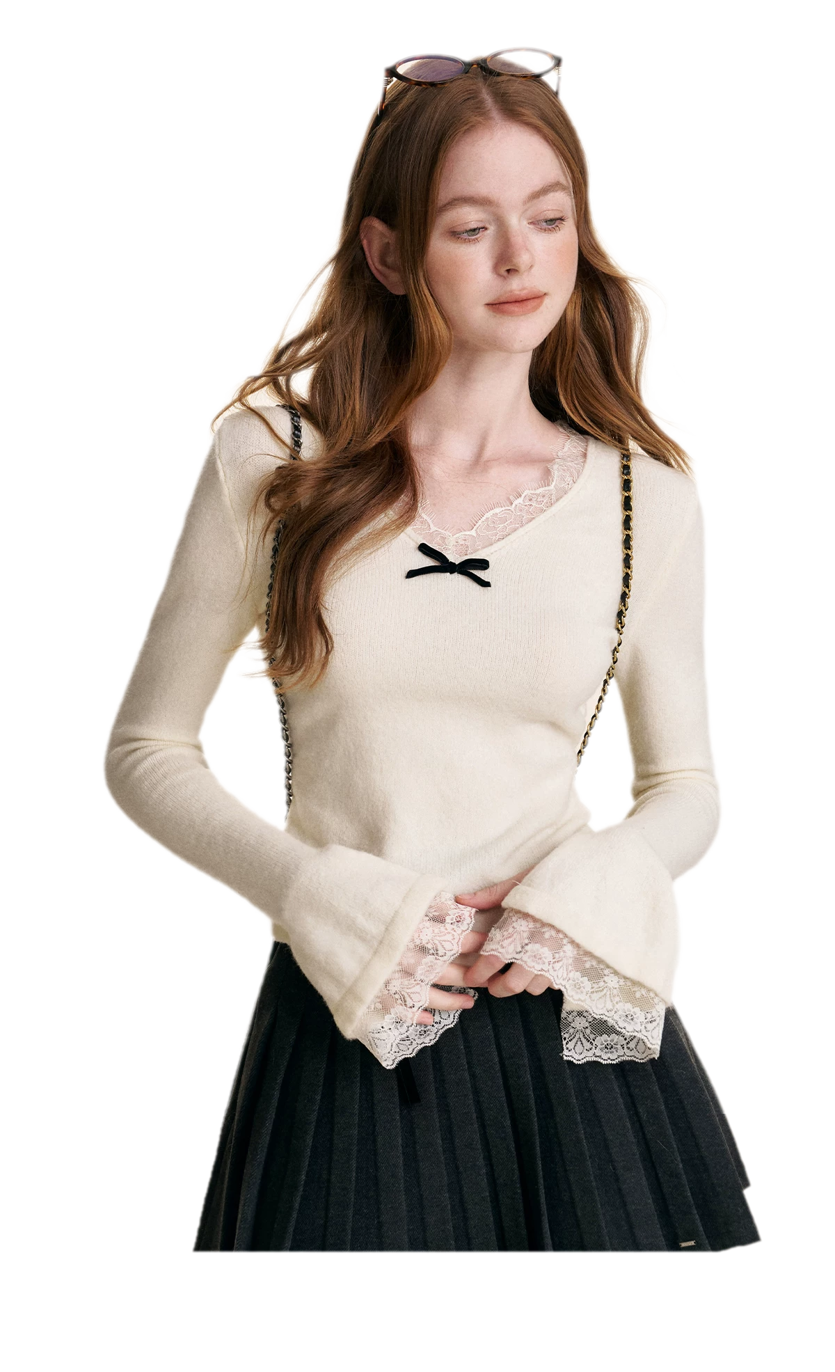 Lace Bow V-Neck Knit Top