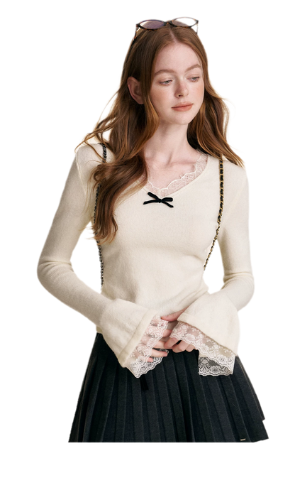 Lace Bow V-Neck Knit Top