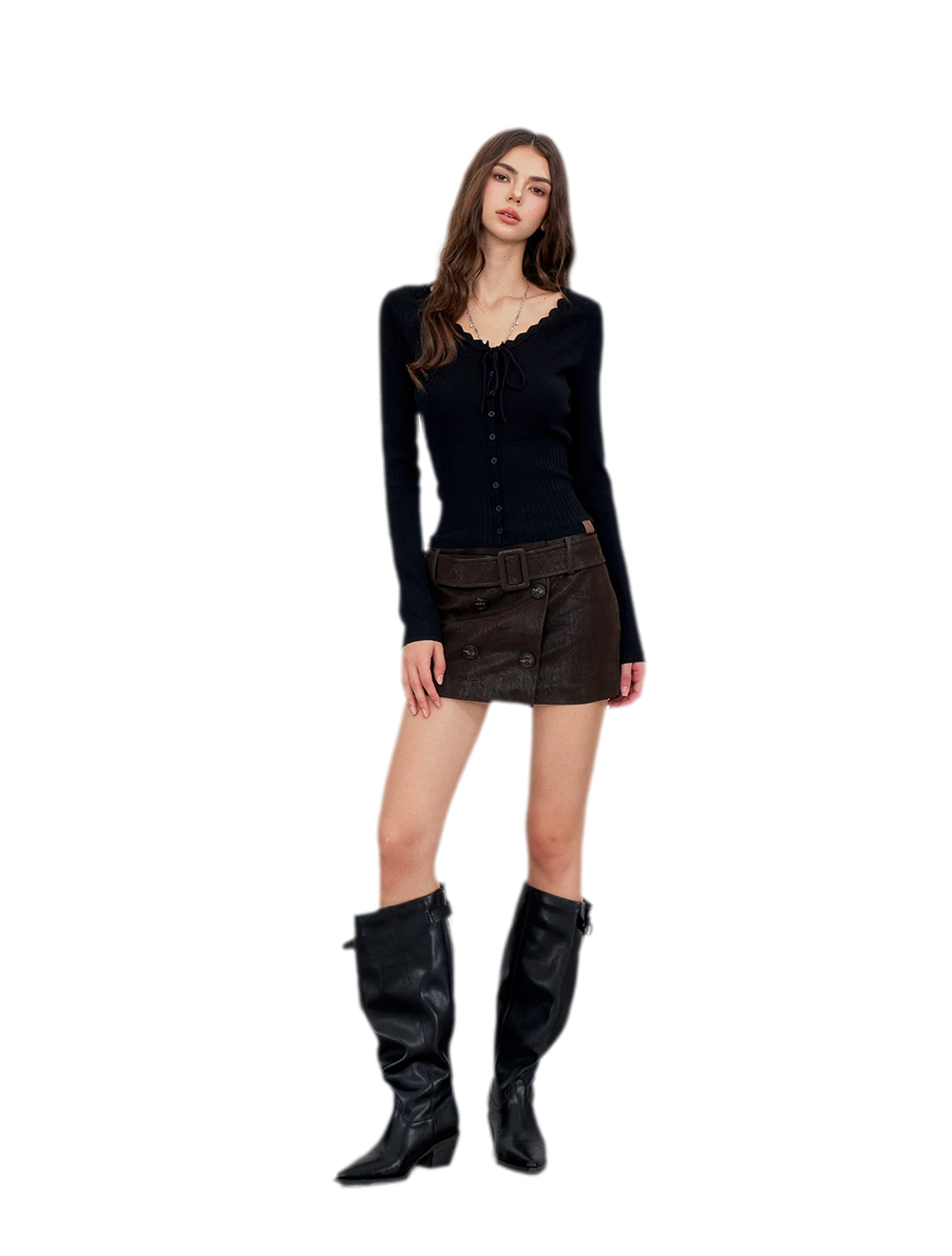 Ribbed Lace-Trim Fitted Knit Top