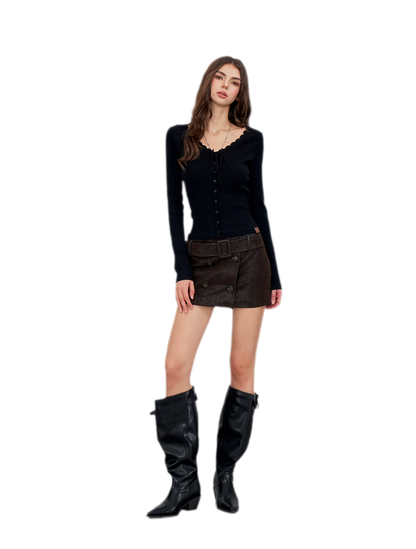 Ribbed Lace-Trim Fitted Knit Top