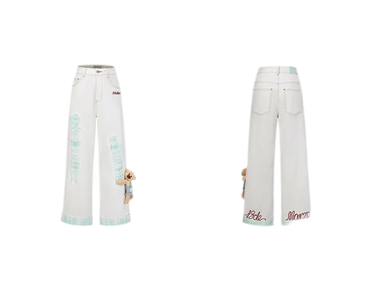 Plaid Cuff Embroidered Jeans