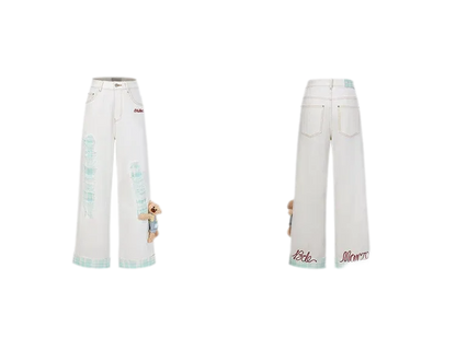 Plaid Cuff Embroidered Jeans