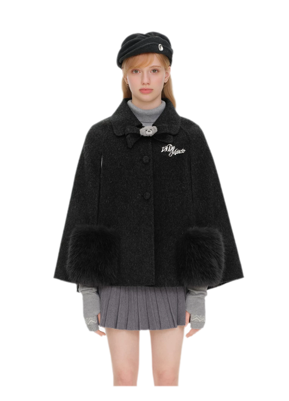 Cappotto mantella in peluche con fiocco