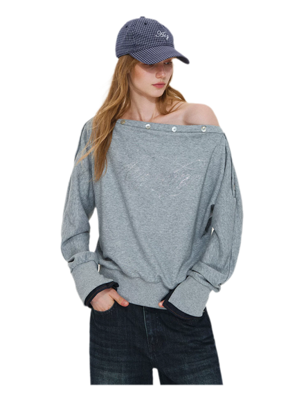 Rhinestone Off-Shoulder Relaxed Sweatshirt