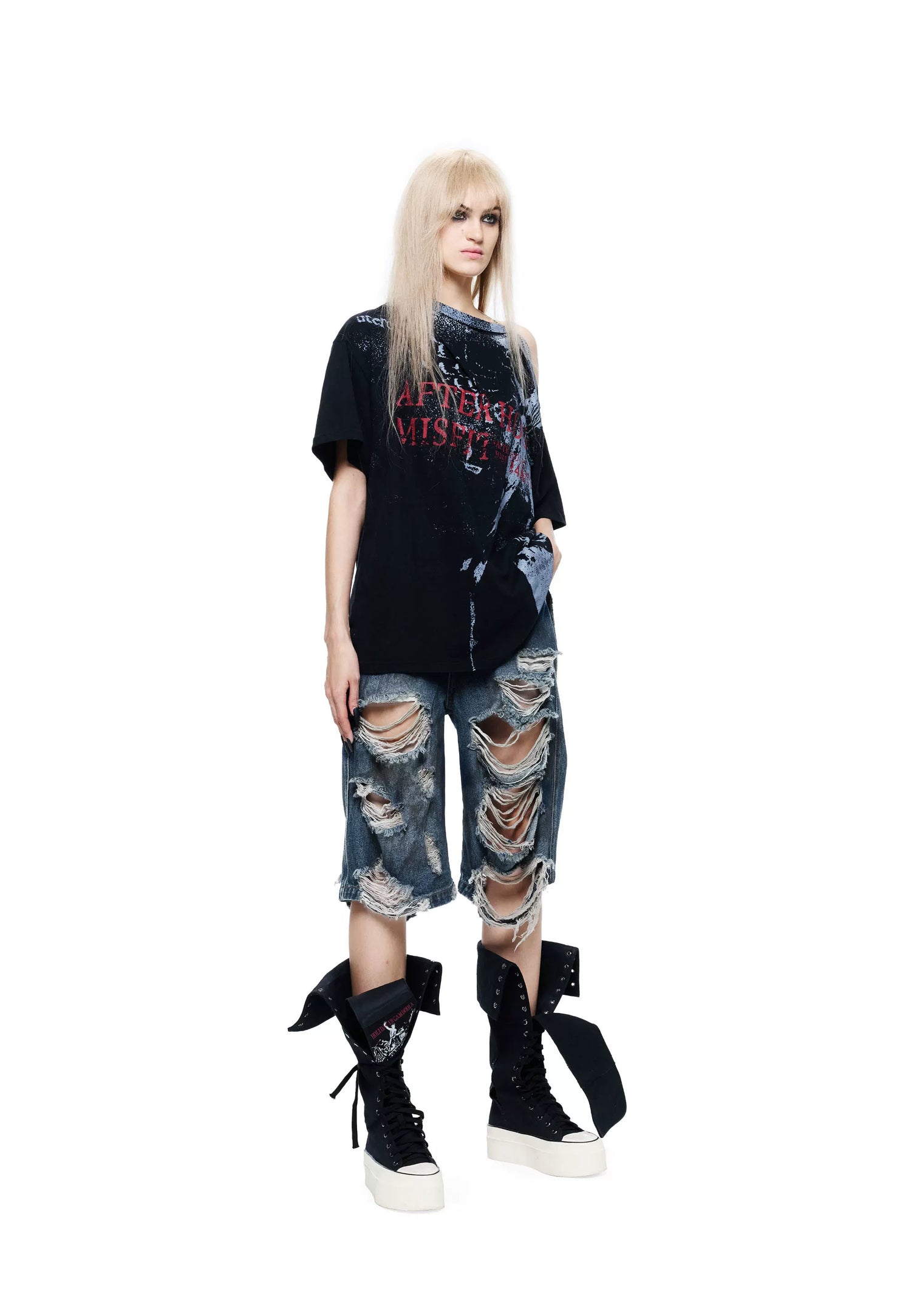 Punk T-shirt with Distressed Print and Open Back