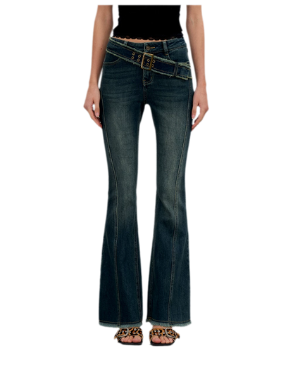 Washed Panel Flare Jeans