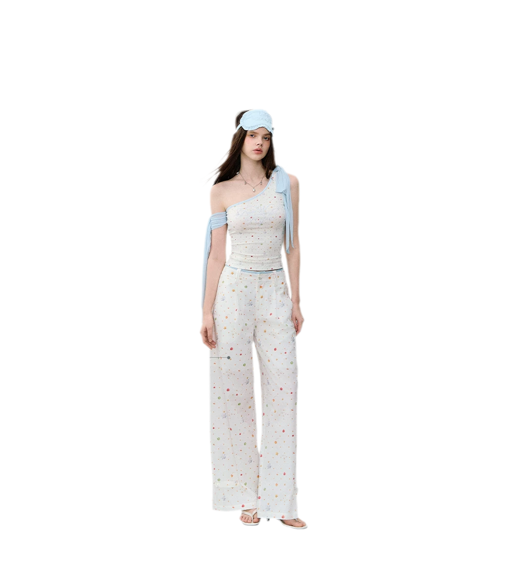 Printed Mesh One-Shoulder Tie Tank