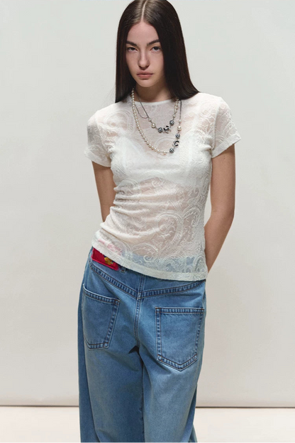 Sheer Wool Lace Paisley Short Sleeve T-shirt
