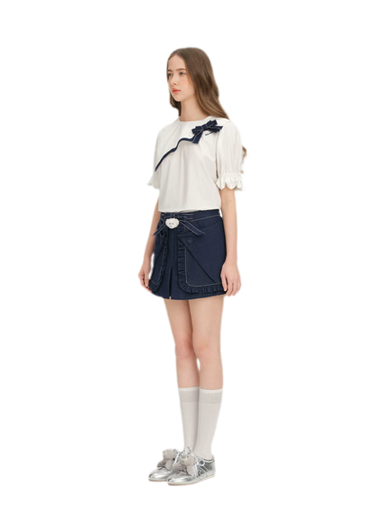 Bow Lace Denim Skort