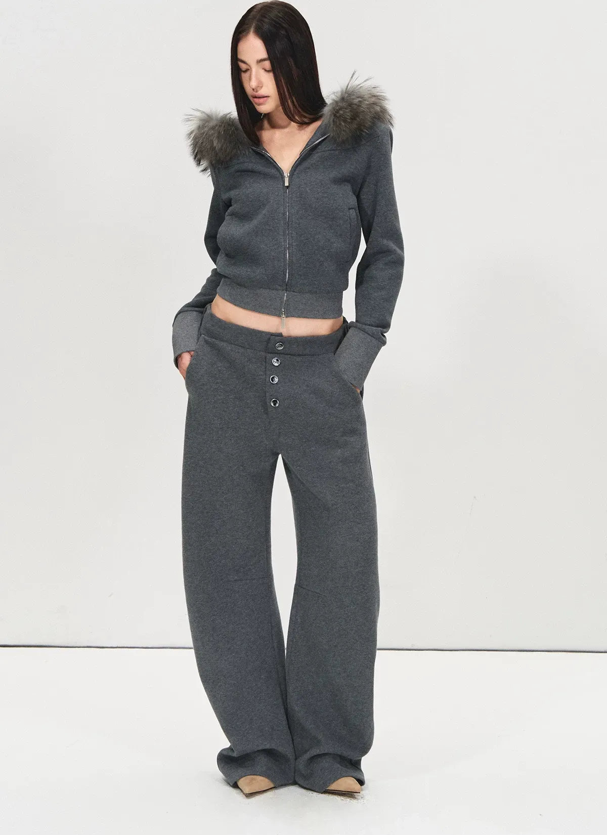 Detachable Fur Collar Fleece Hoodie &amp; Relaxed Pants