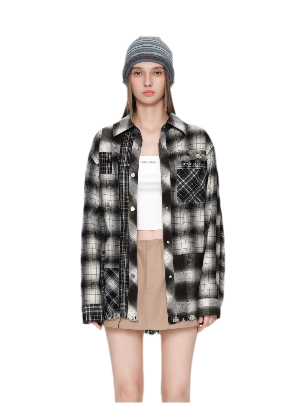 Distressed Patchwork Plaid Overshirt