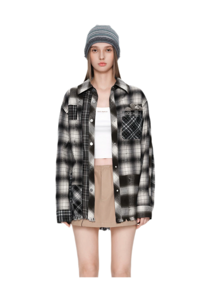 Distressed Patchwork Plaid Overshirt