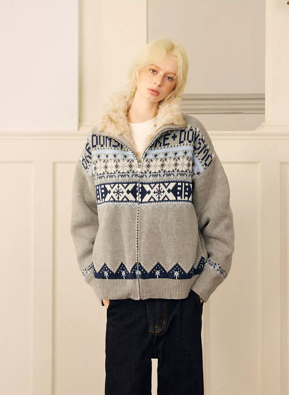 Jacquard Cropped Zip Sweater