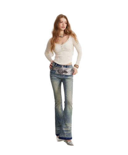 Washed Micro-Flare Contrast-Hem Jeans