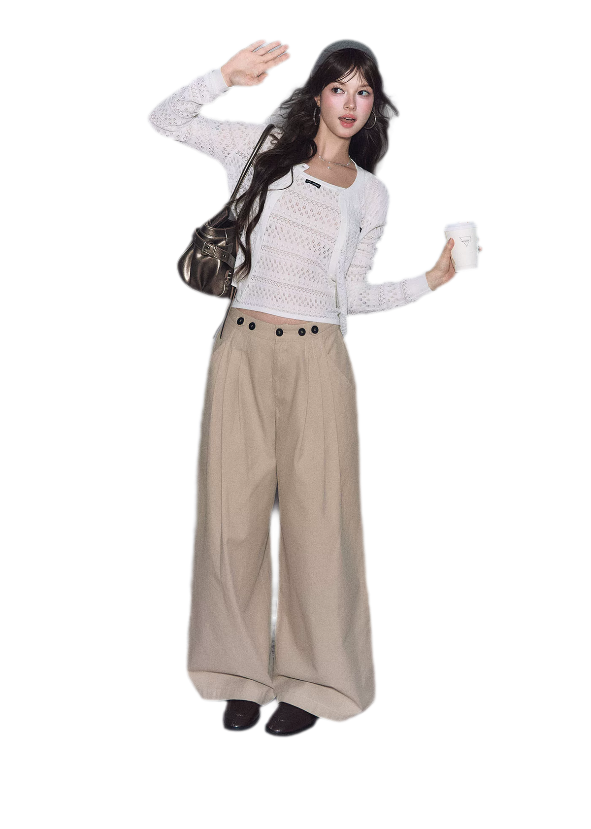 Pantaloni in cotone con pieghe e gamba ampia