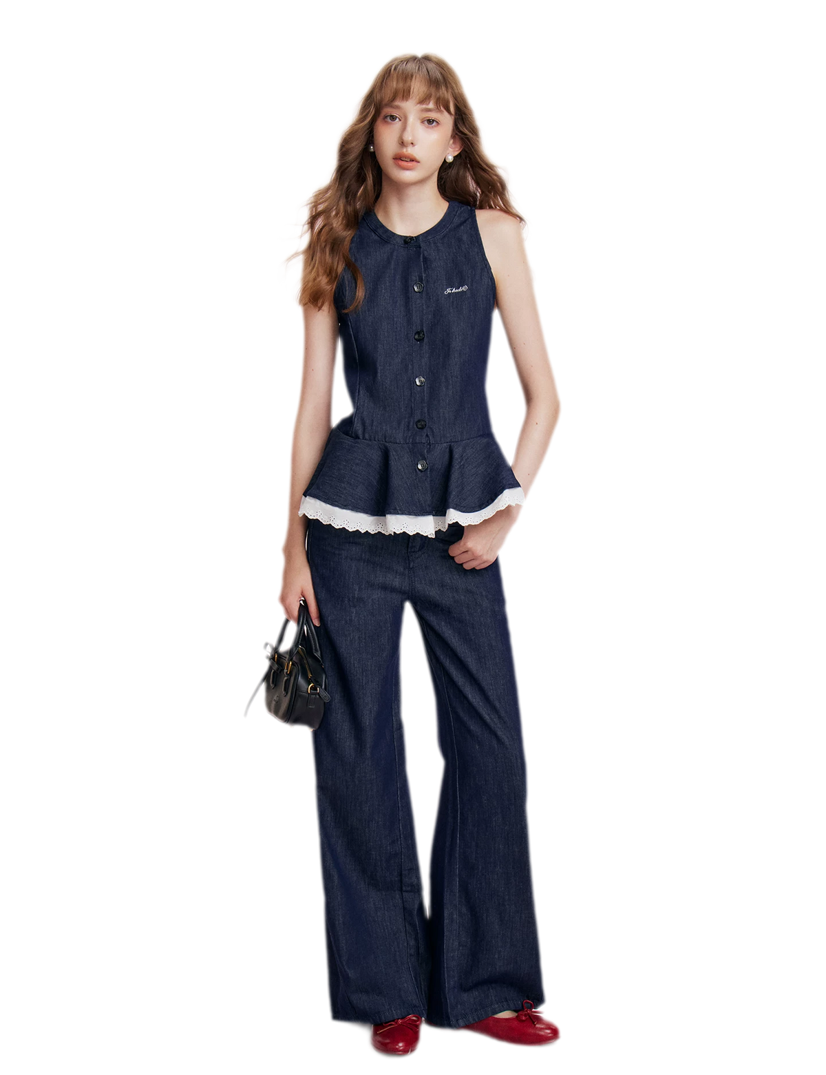 Lace Trim Peplum Denim Set