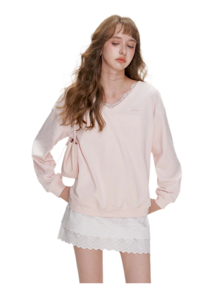 Lace Trim Back Cutout Pullover