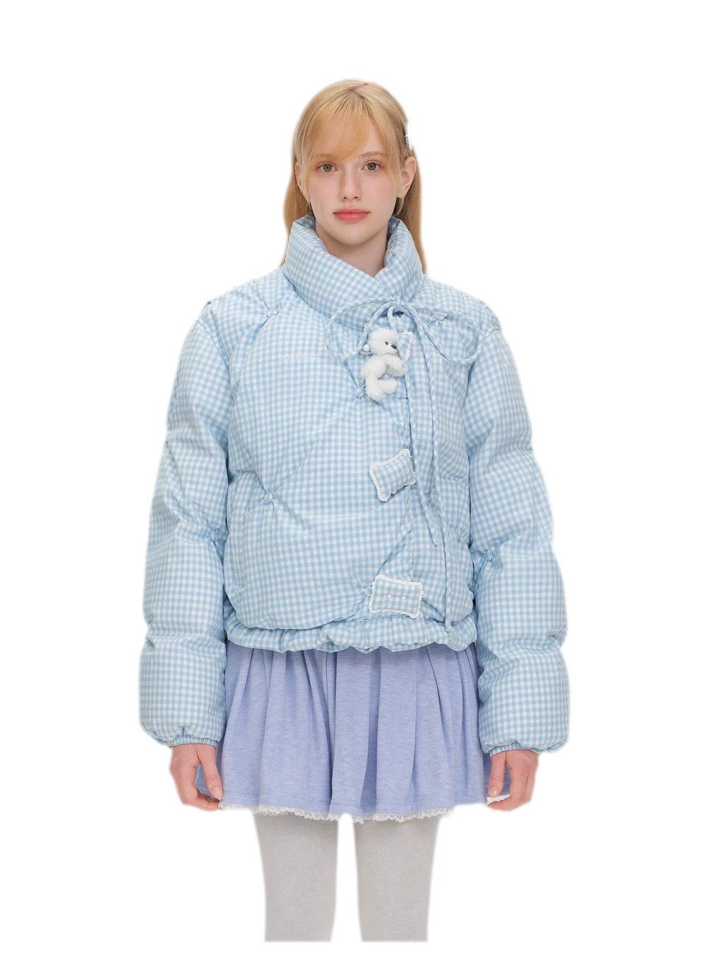 Gingham Puffy Stand-Collar Down Jacket