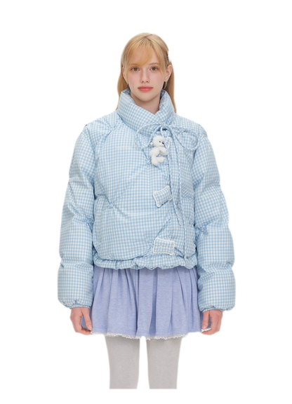 Gingham Puffy Stand-Collar Down Jacket