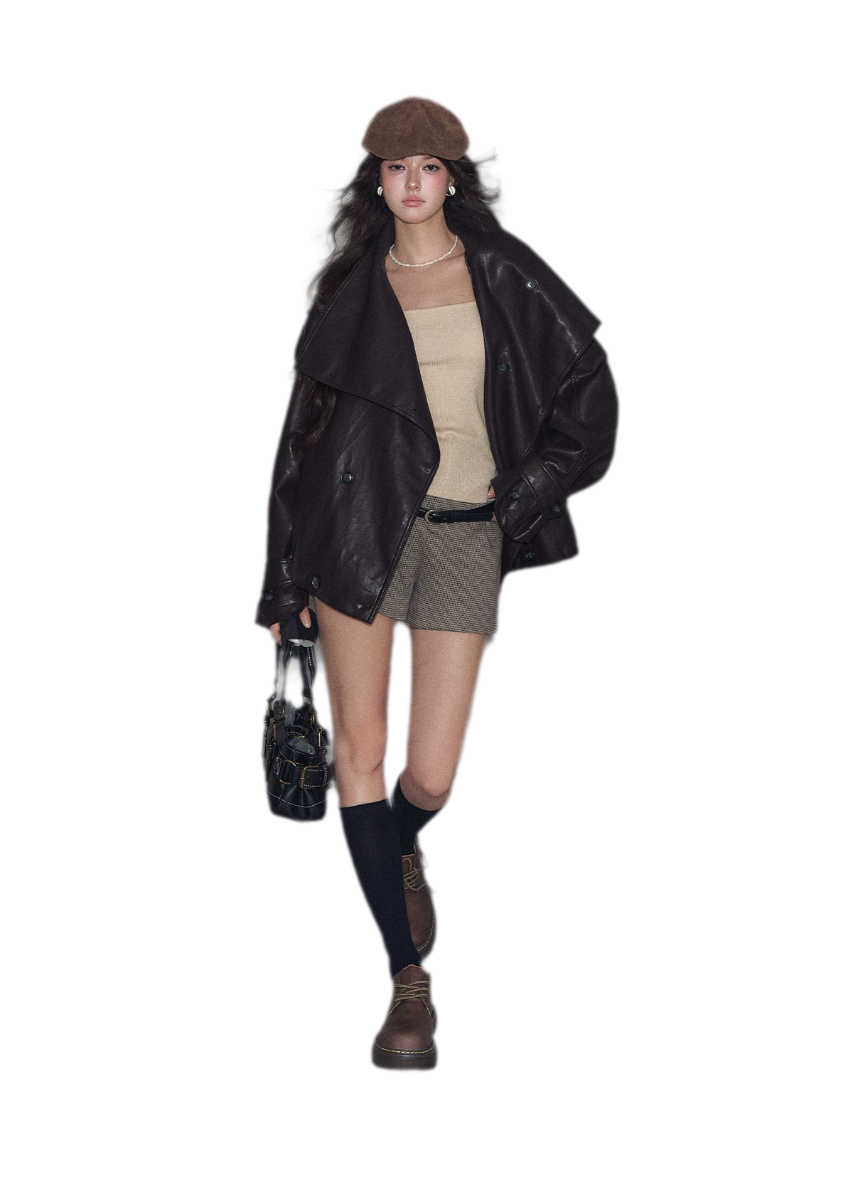 Faux-Leather Oversized Double-Breasted Jacket