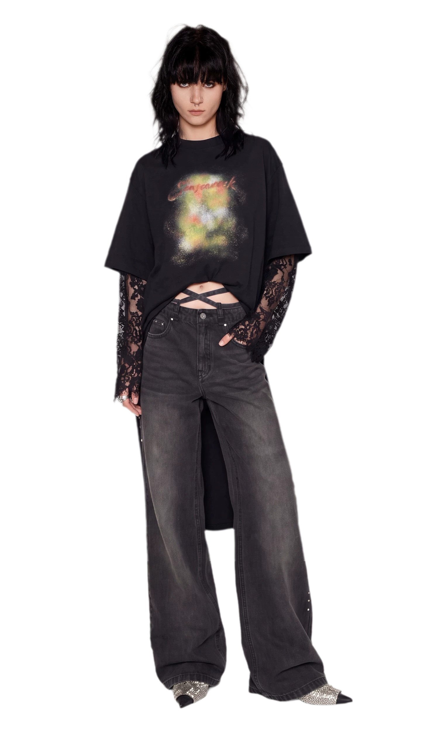 Rhinestone Micro-Flare Cotton Jeans
