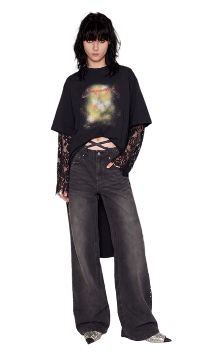 Rhinestone Micro-Flare Cotton Jeans