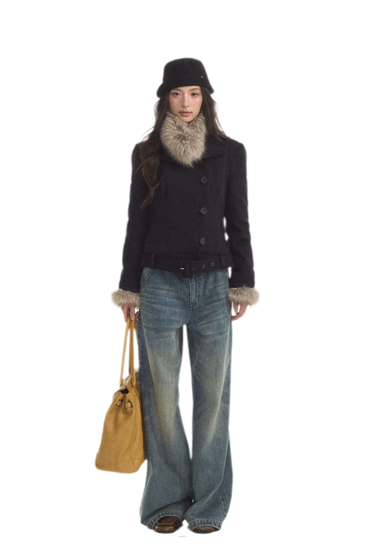 Detachable Fur Collar Twill Coat