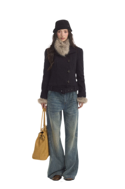 Detachable Fur Collar Twill Coat