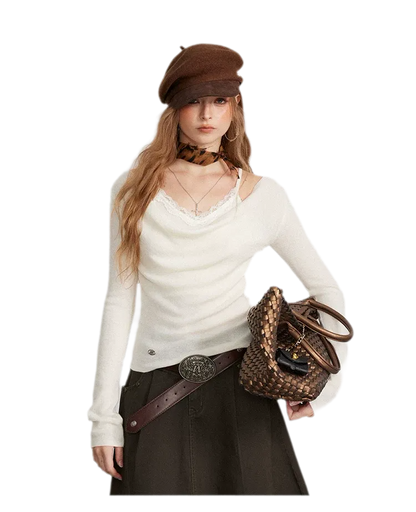 Draped Lace Trim Knit Top