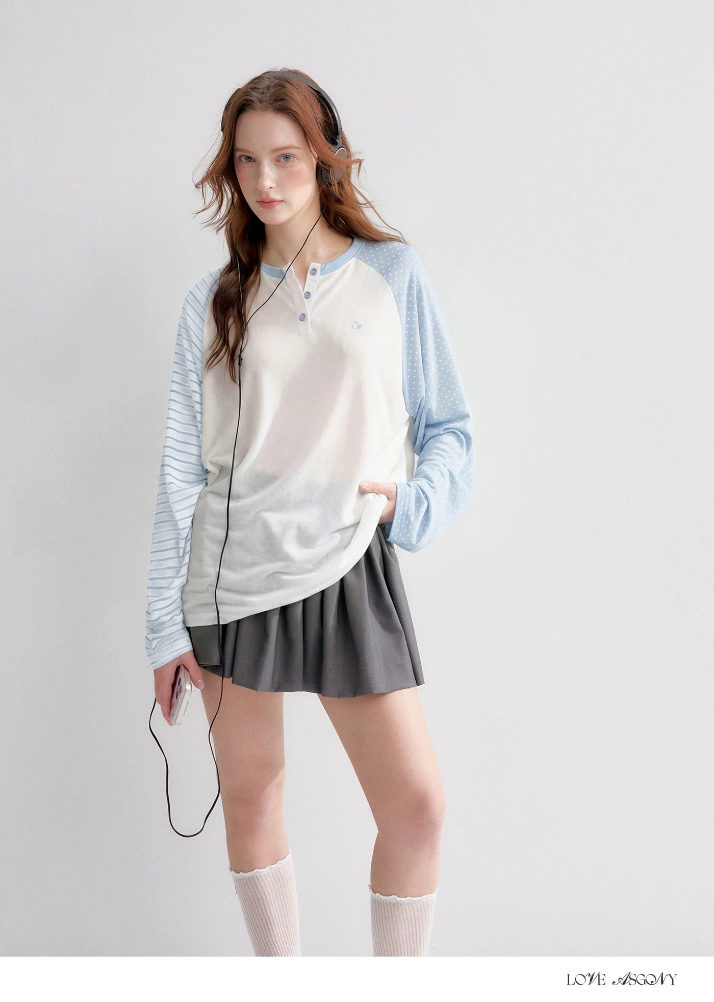 Striped Polka Dot Raglan Sleeve Long Sleeve Pullover