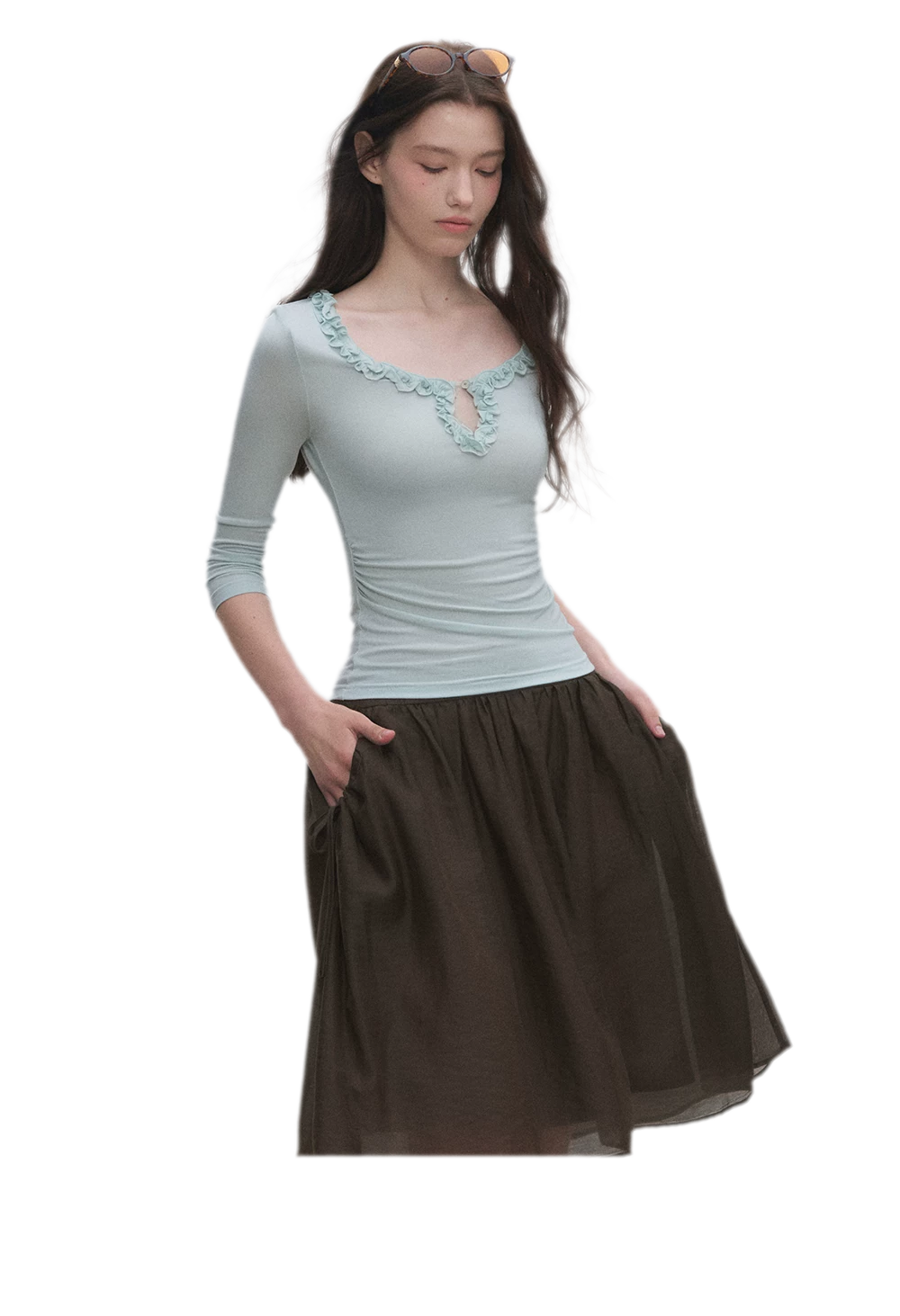 Ruffled Neck Stretch Tee