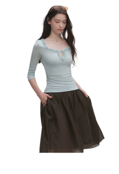 Ruffled Neck Stretch Tee
