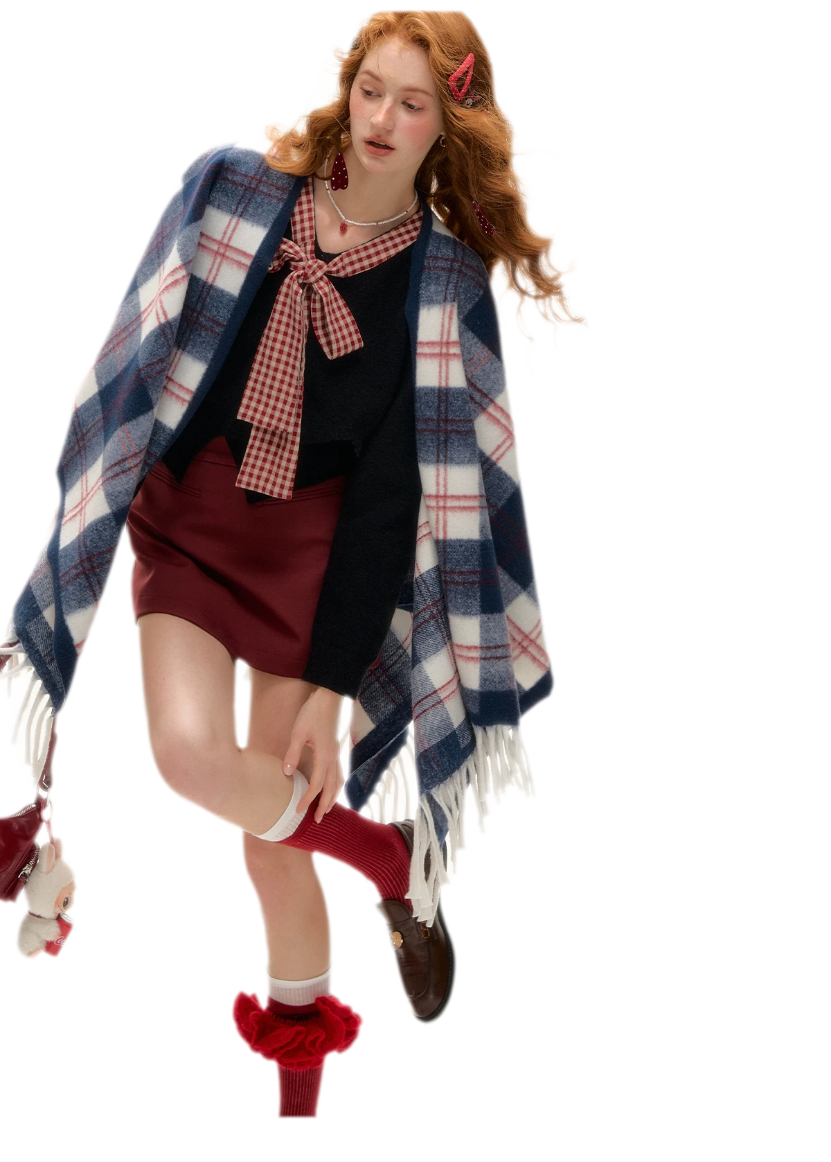 Vintage Plaid Fringed Shawl