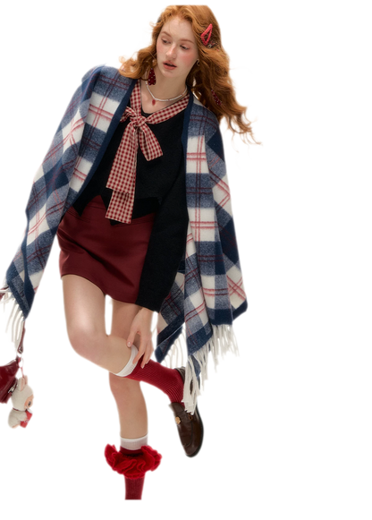 Vintage Plaid Fringed Shawl