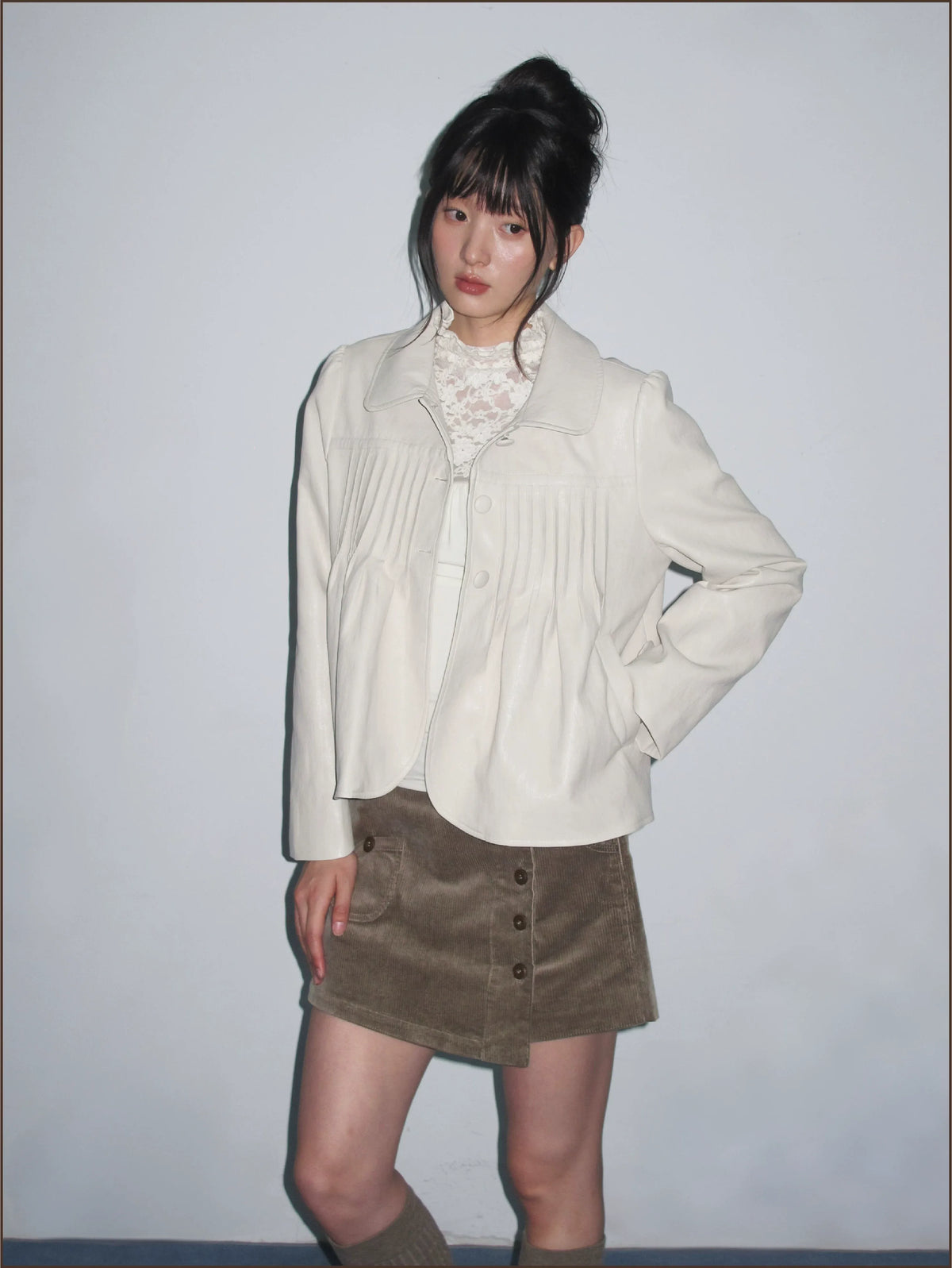 Distressed Pleated Oversized Leather Jacket