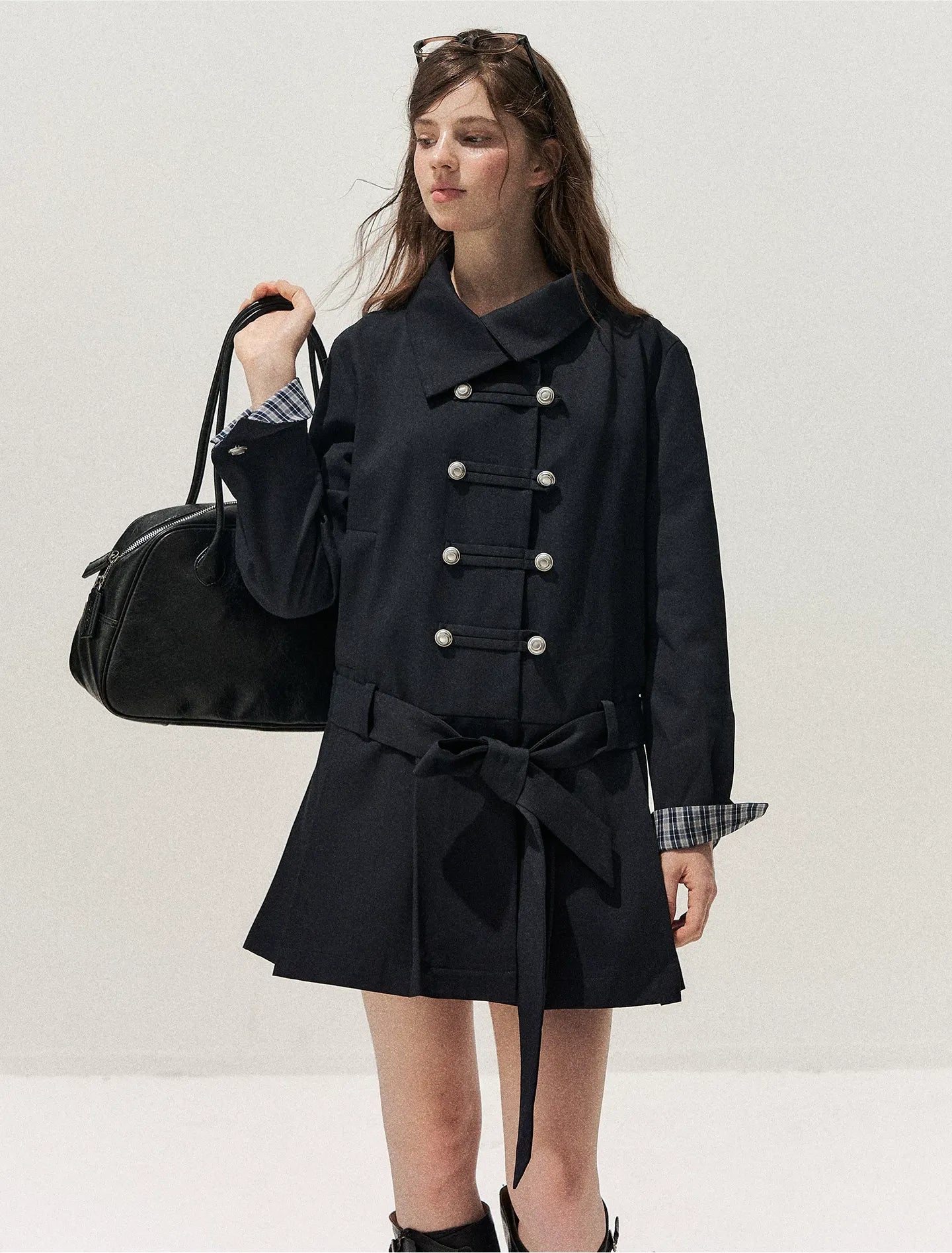 Plaid Cuff Napoleon Trench Dress