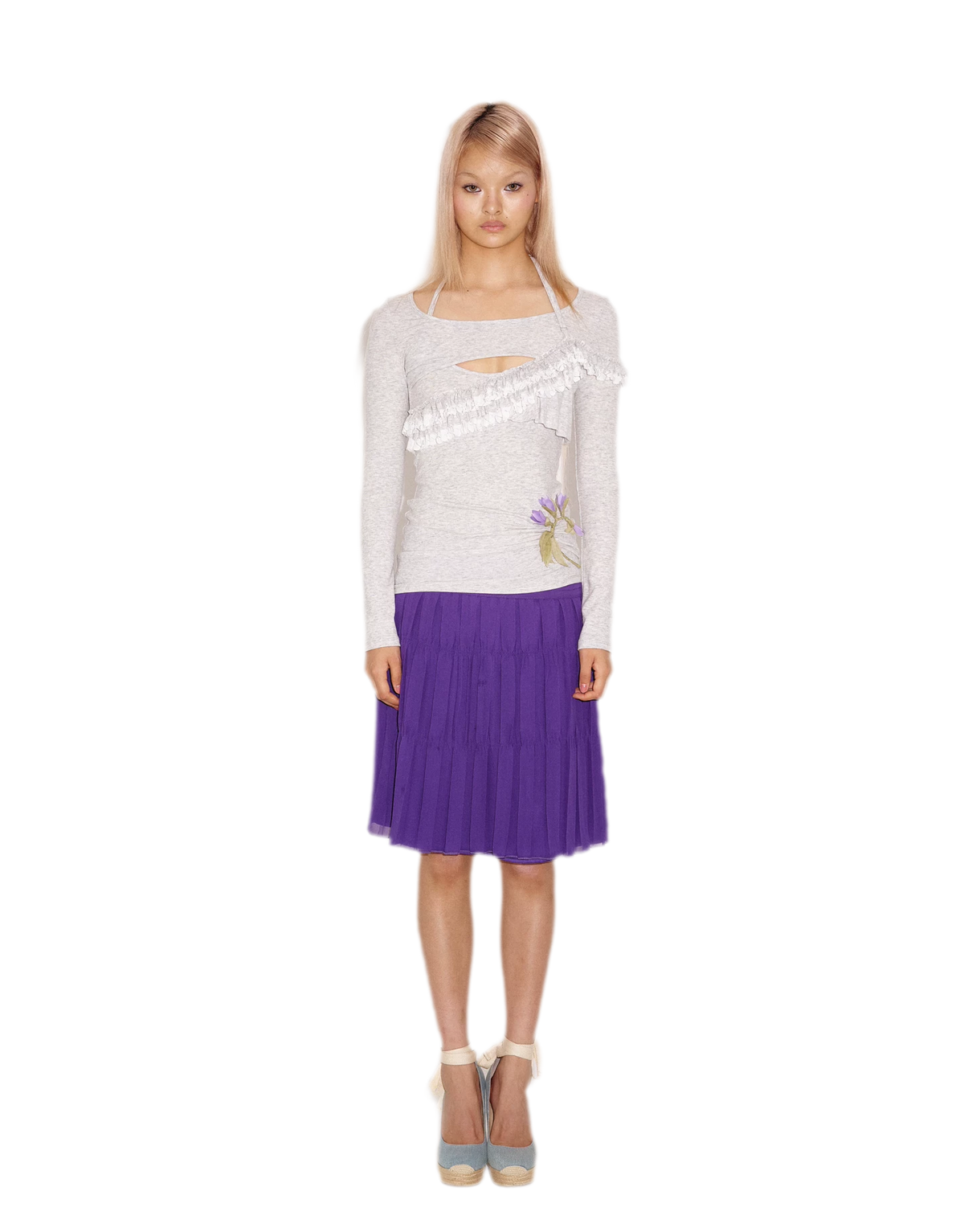 Lace Ruffle Fitted Long-Sleeve Top