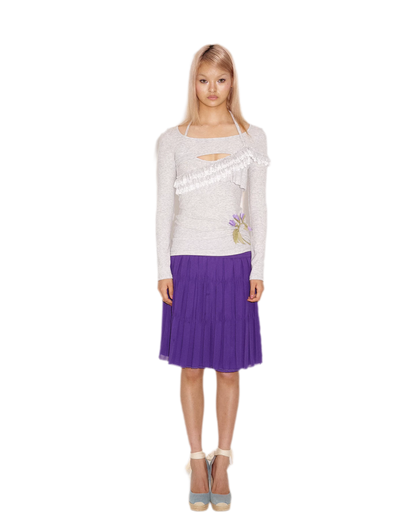 Lace Ruffle Fitted Long-Sleeve Top