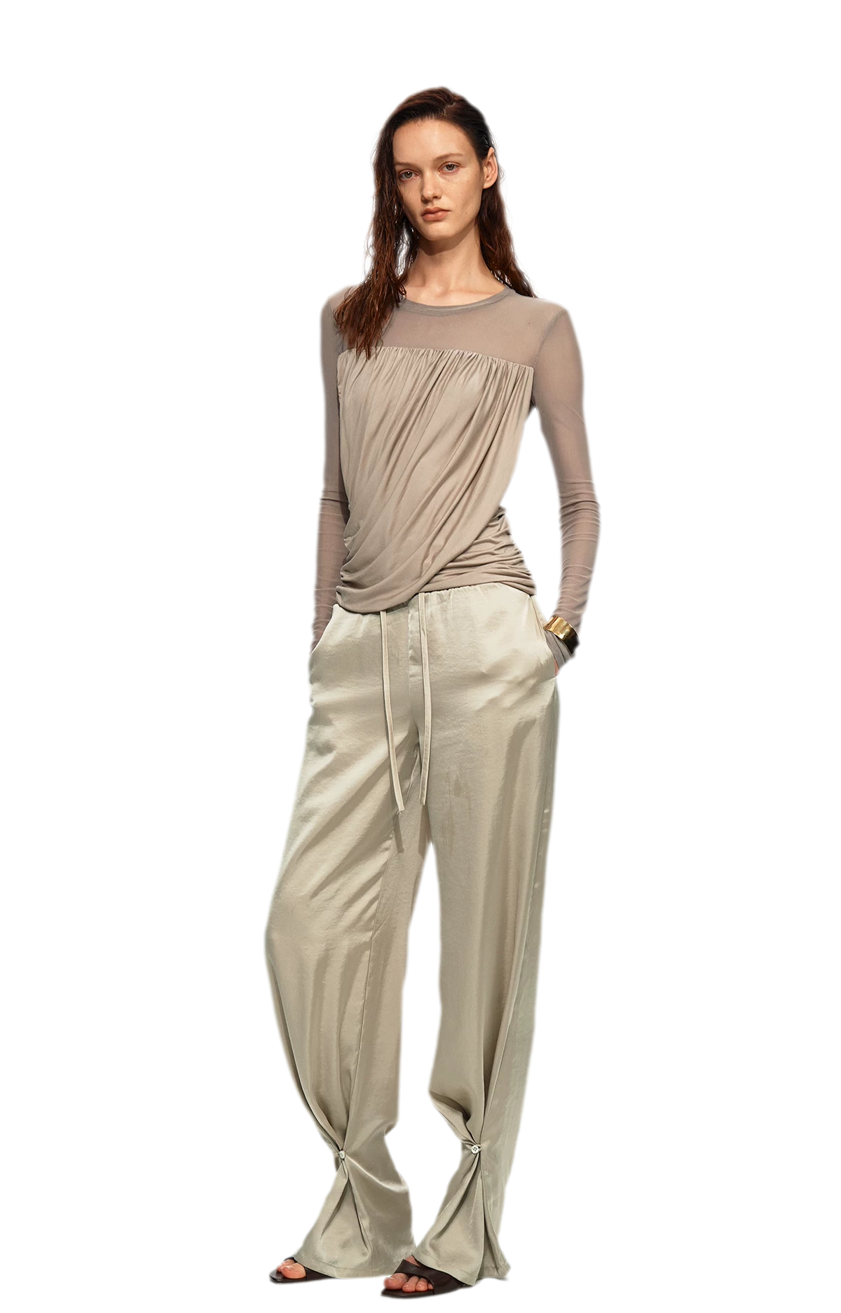 Draped Mesh Long Sleeve Tee