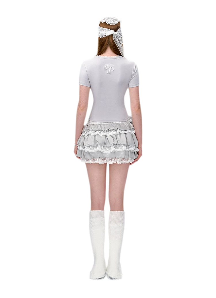 Lace Bear Puff Mini Skirt