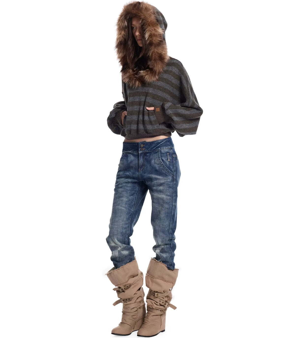 Striped Faux-Fur Collar Sweater