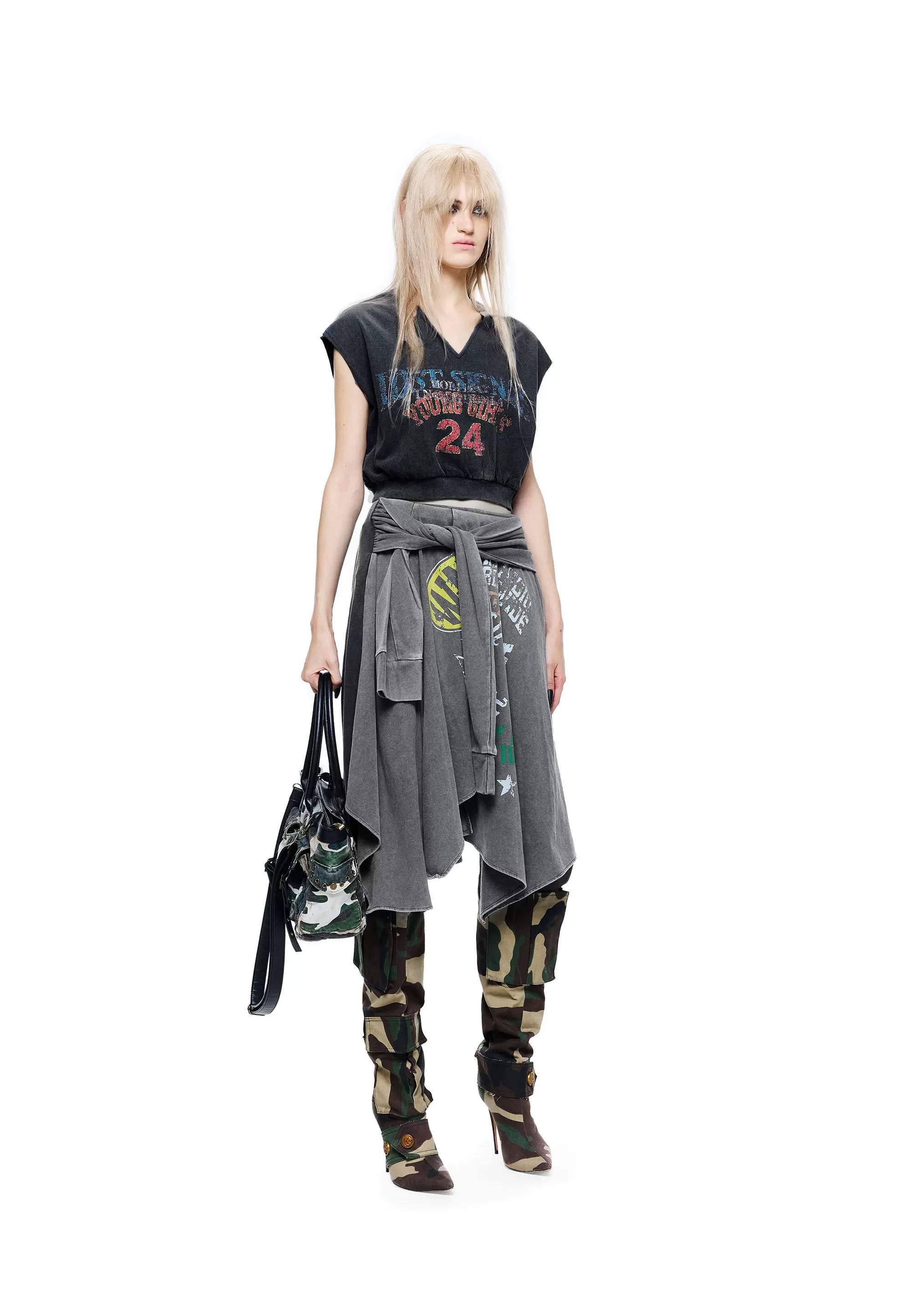 LTD Washed Blue Asymmetric Printed Skirt