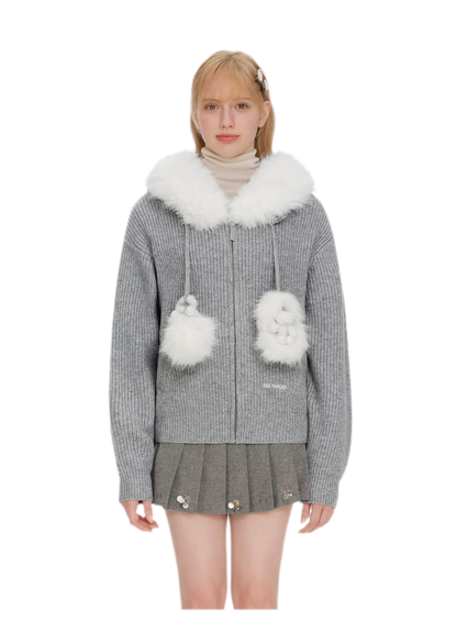 Pom-Pom Hooded Knit Sweater